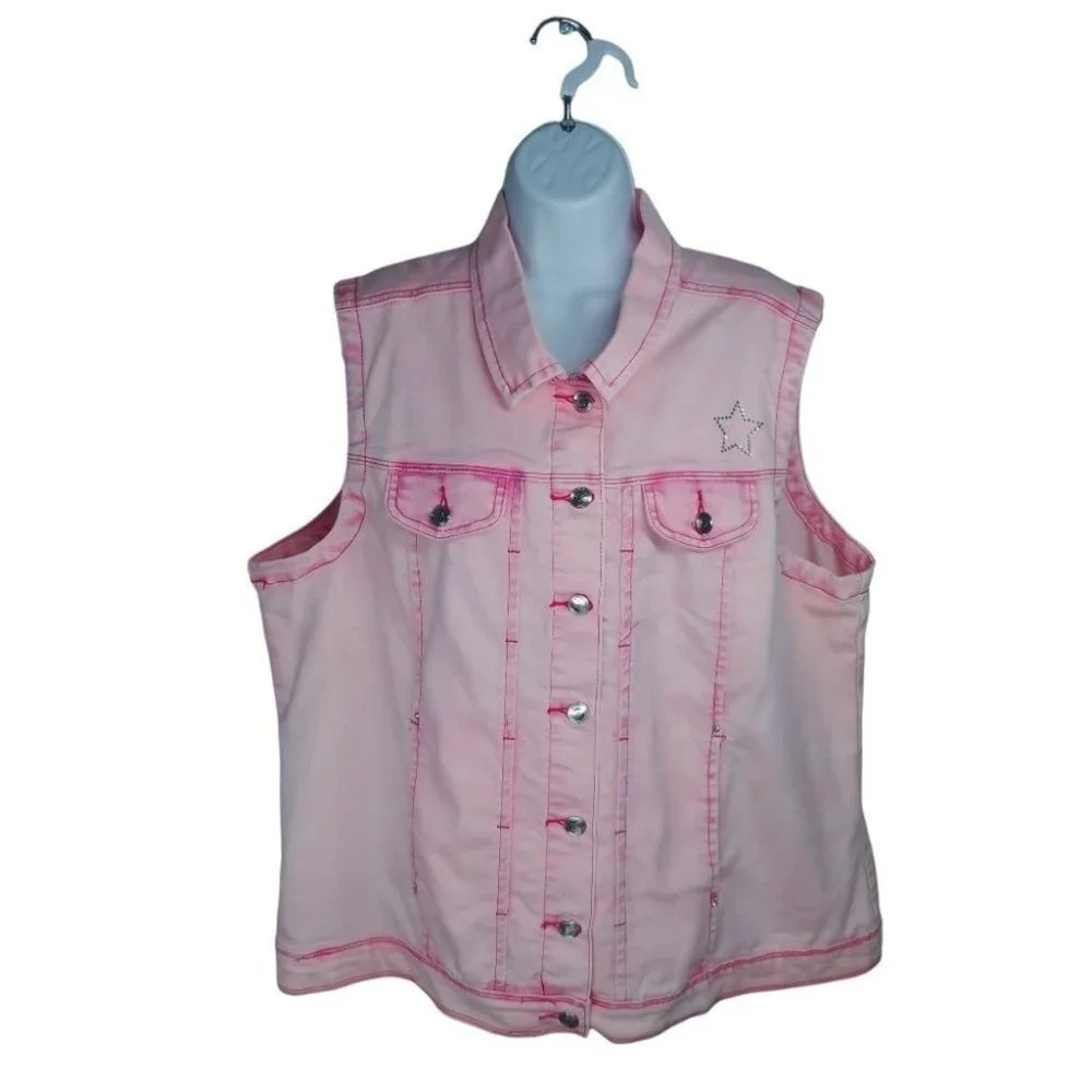 Claire France Sleeveless Stretch Jean Jacket Faded Pink Salmon Orange Silver 16